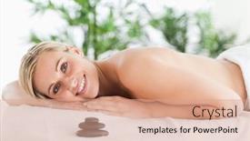  Presentation with wellness - Presentation having good looking blonde woman lying on a lounger in a wellness center background and a coral colored foreground