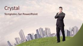  Presentation with green city - Audience pleasing PPT layouts consisting of good looking business man standing backdrop and a sky blue colored foreground
