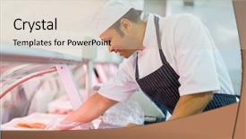  Presentation with butcher - Presentation theme enhanced with good looking butcher picking piece of meat background and a soft green colored foreground