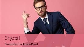  Presentation with pink business - Presentation theme enhanced with good looking formal business man in navy suit and glasses is sitting and resting his hands on his laps while looking at camera intrigued on pink studio background background and a coral colored foreground