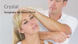  Presentation with patients - Presentation design with good looking physiotherapist massaging patients neck with elbow in bright office background and a soft green colored foreground