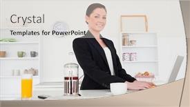  Presentation with good - Audience pleasing PPT theme consisting of good looking red-haired female in suit relaxing with her laptop in the kitchen in her apartment backdrop and a lemonade colored foreground