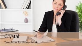  Presentation with good - Colorful theme enhanced with good looking red-haired woman in suit writing on a notepad and phoning while sitting in an office backdrop and a coral colored foreground