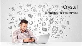  Presentation with good - Theme enhanced with good-looking young businessman with all kind of hand-drawn media icons in background background and a white colored foreground