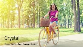  Presentation with happy birthday bicycle - Presentation theme consisting of good-looking young woman looks background and a  colored foreground