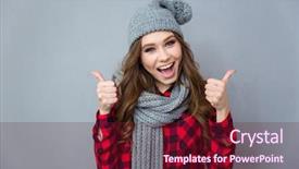  Presentation with weight loss woman showing - Slide deck having good luck - portrait of a cheerful woman background and a tawny brown colored foreground