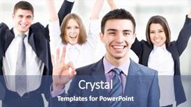  Presentation with team - Colorful slide deck enhanced with good luck - portrait of business man showing backdrop and a ocean colored foreground