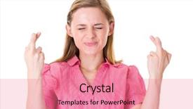  Presentation with fingers - Slides with good luck - young attractive female holds her background and a coral colored foreground