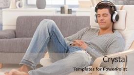  Presentation with music headphones - Presentation theme featuring good man - handsome guy enjoying music background and a mint green colored foreground