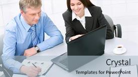  Presentation with meeting - Audience pleasing PPT layouts consisting of good manager - happy business man and woman backdrop and a light blue colored foreground