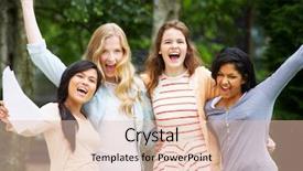  Presentation with exam results - Slide set with good news - four teenage girls celebrating successful background and a lemonade colored foreground