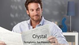  Presentation with news - Slide set enhanced with good news - handsome man sitting in living background and a light gray colored foreground