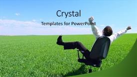  Presentation with news - Colorful slide set enhanced with good news - happy businessman sitting on chair backdrop and a light blue colored foreground