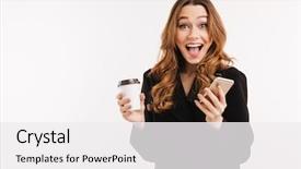  Presentation with black woman - Slide set enhanced with good news - long-haired brunette woman in black background and a white colored foreground