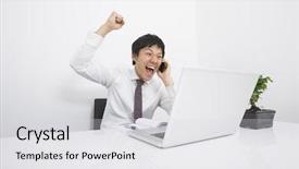  Presentation with car accident cell phone - Beautiful slide set featuring good news - mid adult businessman cheering backdrop and a light gray colored foreground