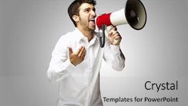  Presentation with electronics labb man - Slide deck with good news - portrait of a young man background and a light gray colored foreground