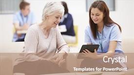  Presentation with nurse discussing family - Presentation featuring good news - senior woman discussing test results background and a coral colored foreground