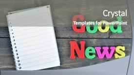  Presentation with news - Slides enhanced with good news word on wooden background and a gray colored foreground