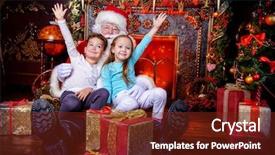  Presentation with celebrate - Amazing theme having good old santa claus and happy children celebrate christmas with gifts beautiful room with christmas tree and fireplace decorated for christmas backdrop and a tawny brown colored foreground