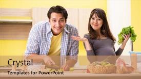  Presentation with man watching woman preparing vegetables - Colorful PPT theme enhanced with good presentation - man and pregnant woman preparing backdrop and a coral colored foreground