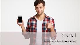  Presentation with man holding phone - Slide deck having good presentation - portrait of a smiling attractive background and a light gray colored foreground