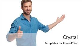  Presentation with one young man exercising handball - PPT layouts having good presentation - smiling young casual man presenting background and a white colored foreground