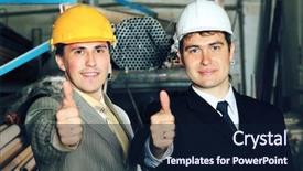  Presentation with manufacturing - Slides featuring industrial theme two businessman showing good results at a manufacturing area background and a navy blue colored foreground