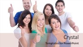  Presentation with team work - Slide deck enhanced with woman cheerful studio portrait concept background and a gray colored foreground