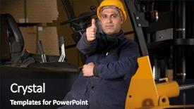  Presentation with forklift - Audience pleasing PPT theme consisting of good worker - forklift operator giving okay sign backdrop and a  colored foreground