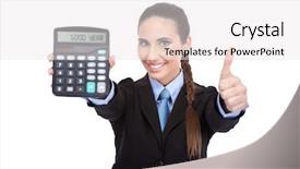  Presentation with accountant - Audience pleasing theme consisting of good year - accountant holding a calculator and showing thumb up isolated on white background backdrop and a sky blue colored foreground