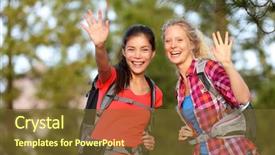  Presentation with outdoor activities - Presentation featuring goodbye - hiking women waving hello background and a tawny brown colored foreground