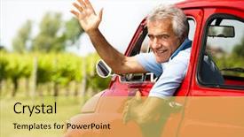  Presentation with vintage car - Slide deck with goodbye - senior man driving a vintage background and a yellow colored foreground