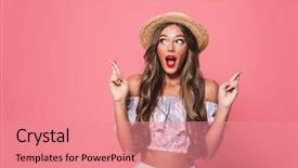  Presentation with good luck - Presentation theme enhanced with goodness god - image of seductive brunette woman background and a coral colored foreground