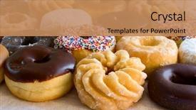  Presentation with focus - Theme featuring baked goods - assortment of fresh donuts background and a coral colored foreground