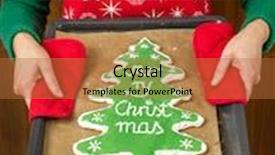  Presentation with christmas baking - Slide set featuring goodwife holding a baking tray with home-made christmas tree-like gingerbread cookie with green icing and merry christmas writing background and a red colored foreground