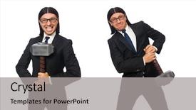  Presentation with hammer sickle - Cool new theme with google glasses - handsome businessman holding hammer isolated backdrop and a light gray colored foreground