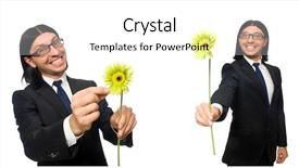  Presentation with google - Amazing PPT theme having google glasses - handsome businessman with flower isolated backdrop and a white colored foreground