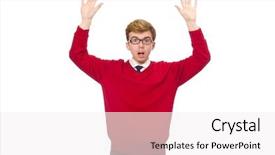  Presentation with modeling - Audience pleasing presentation theme consisting of googles modeling - student isolated on white backdrop and a  colored foreground