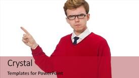  Presentation with modeling - Slide set enhanced with googles modeling - student isolated on white background and a  colored foreground