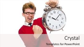  Presentation with alarm - Presentation theme having googles modeling - student with alarm clock isolated background and a  colored foreground