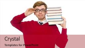  Presentation with modeling - Audience pleasing PPT theme consisting of googles modeling - university student with book isolated backdrop and a crimson colored foreground