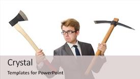  Presentation with weapon - PPT theme with googles modeling - young businessman with weapon isolated background and a light gray colored foreground