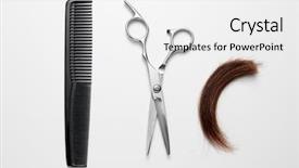  Presentation with hair - Amazing PPT theme having locking gools - hairdresser's scissors comb backdrop and a white colored foreground