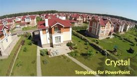  Presentation with development - Cool new slide deck with gopro - aerial view many similar houses backdrop and a tawny brown colored foreground