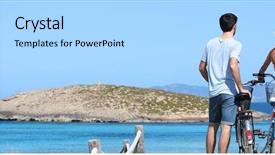  Presentation with bicycles - PPT theme featuring gorgeous beach with bicycles template background and a light gray colored foreground