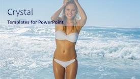  Presentation with sea - Audience pleasing slide set consisting of gorgeous blonde in white bikini standing by the sea on a sunny day backdrop and a sky blue colored foreground