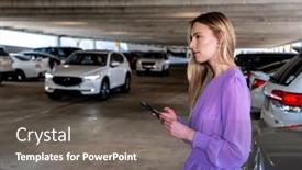  Presentation with car parking - PPT theme featuring gorgeous-blonde-model-walks background and a  colored foreground