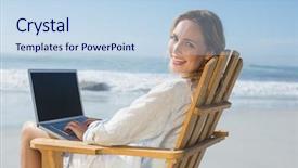 Presentation with beach - Colorful presentation enhanced with gorgeous blonde sitting on deck chair using laptop on beach on a sunny day backdrop and a sky blue colored foreground