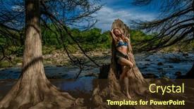  Presentation with preteen girls bikini - Presentation consisting of gorgeous-brunette-bikini-model-enjoys background and a tawny brown colored foreground