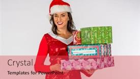  Presentation with elf - PPT layouts having gorgeous brunette model posing as an elf with presents against a white background background and a red colored foreground